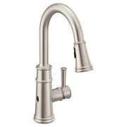 Stainless steel pulldown kitchen faucet with arched spout and single side handle control.