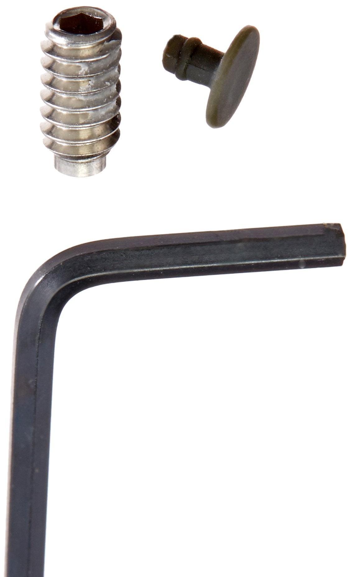 Metal set screw with hex socket, round button cover, and L-shaped hex wrench tool.