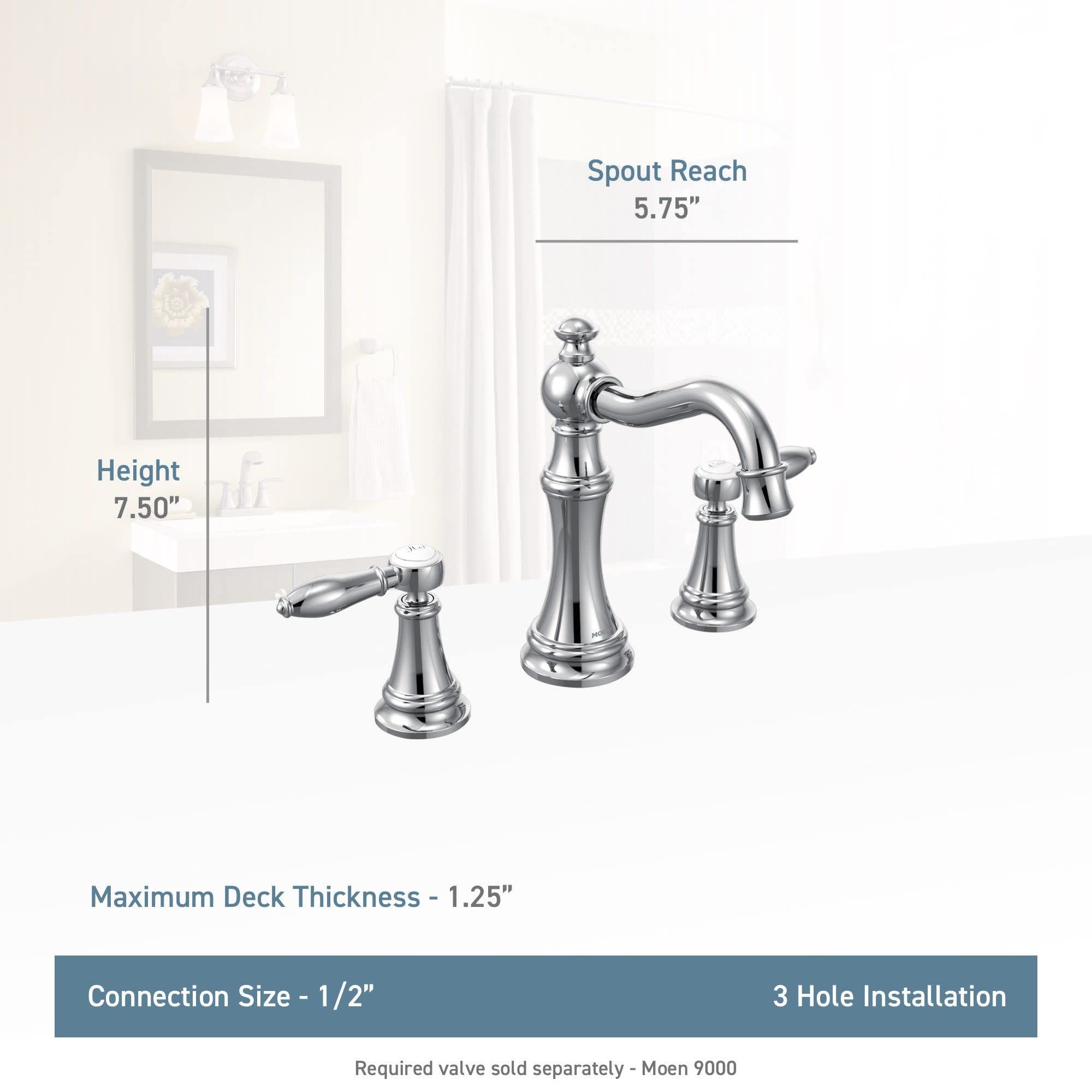 Chrome two-handle bathroom faucet trim with curved spout and lever handles, 7.50" height, 5.75" spout reach.