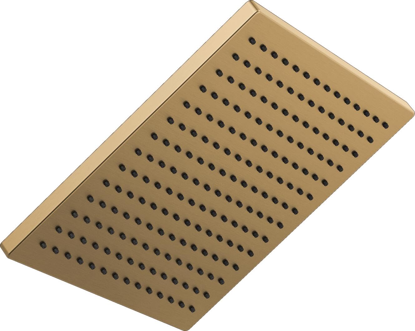 Square metal raincan shower head in brushed gold with evenly spaced perforations across the surface.