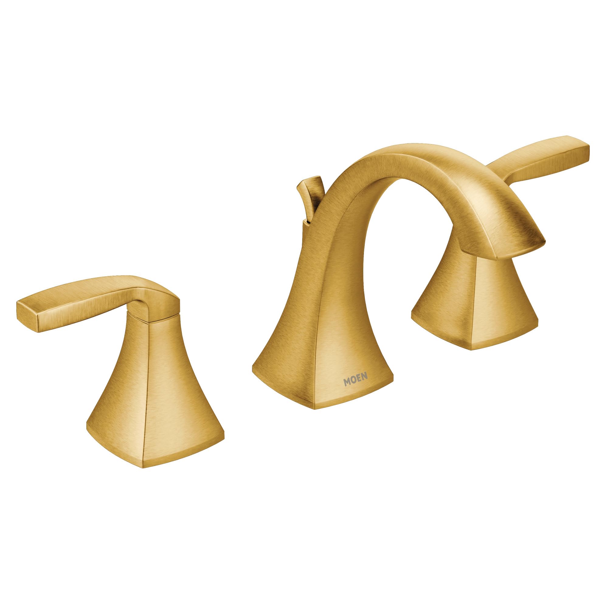 Brushed gold two-handle widespread bathroom faucet with curved spout and lever handles.