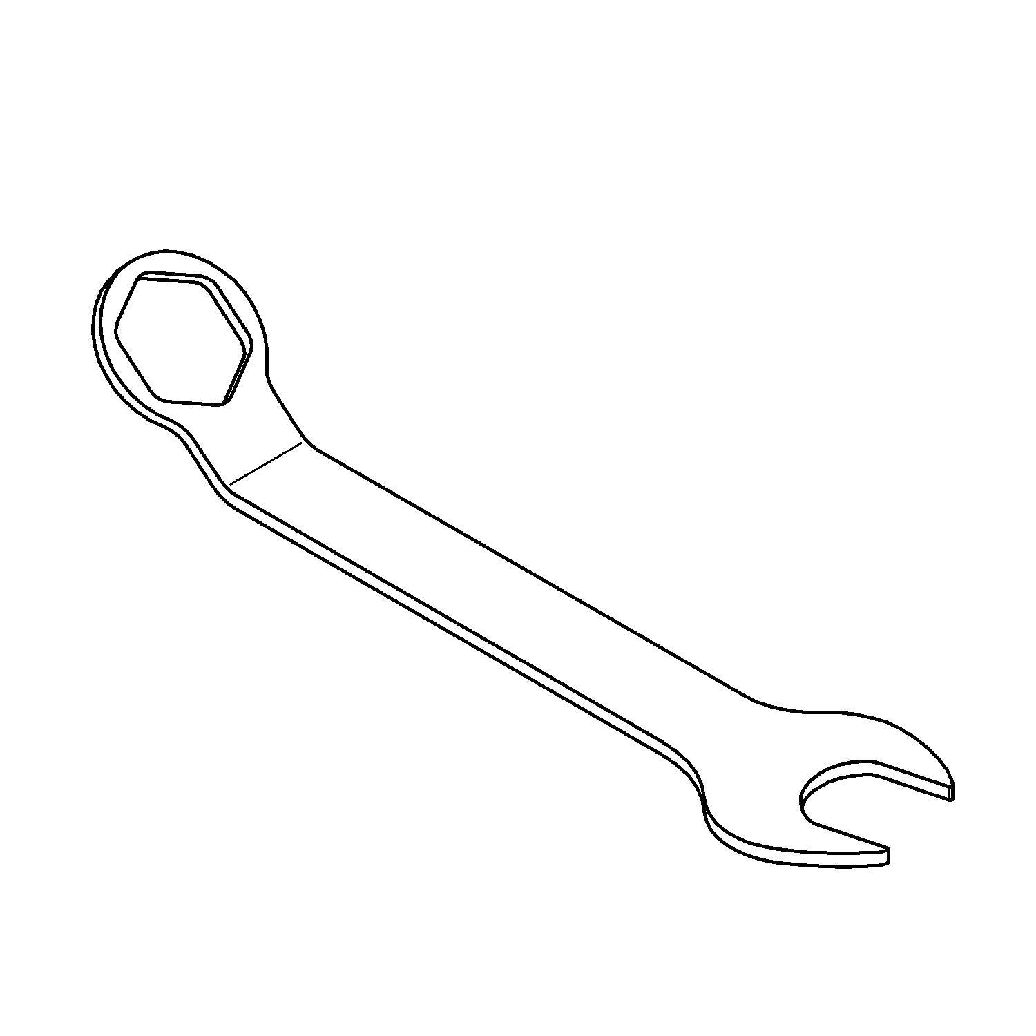 Chrome spanner wrench with hexagonal socket head on one end and open wrench head on the other.