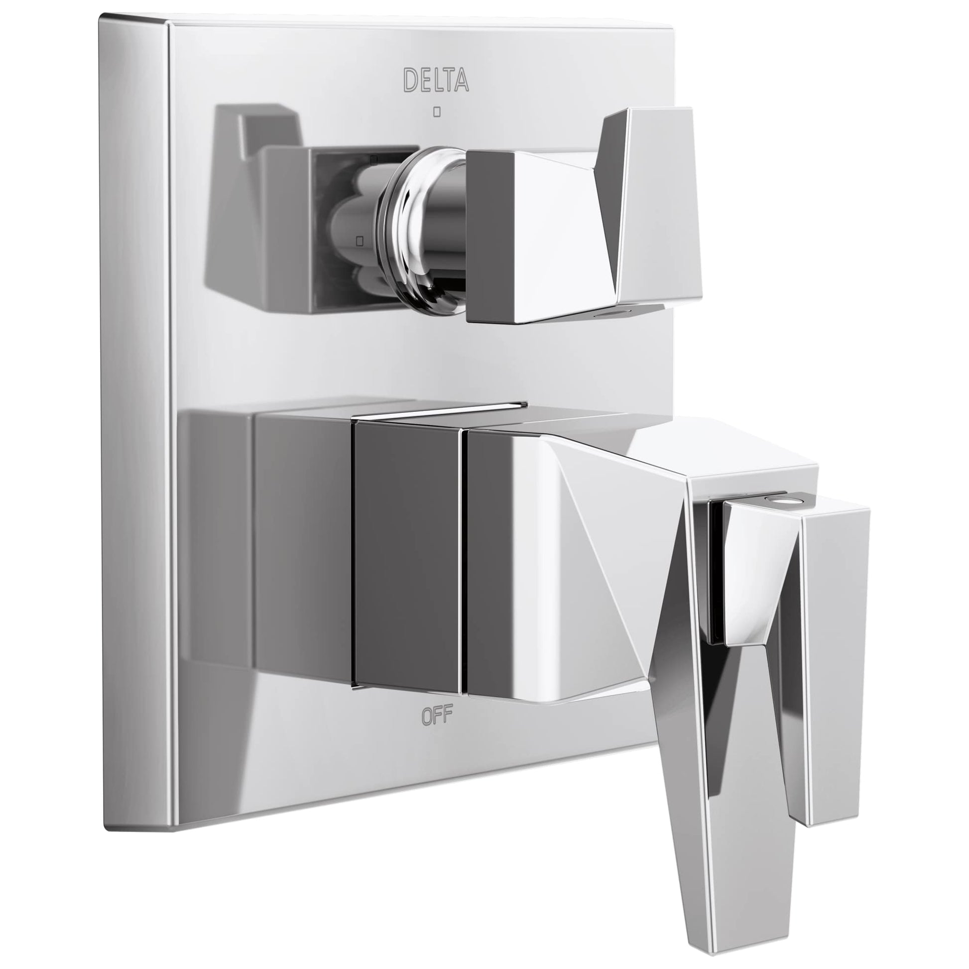 Chrome and gray two-handle shower valve trim with diverter control and square lever handles mounted on white escutcheon plate