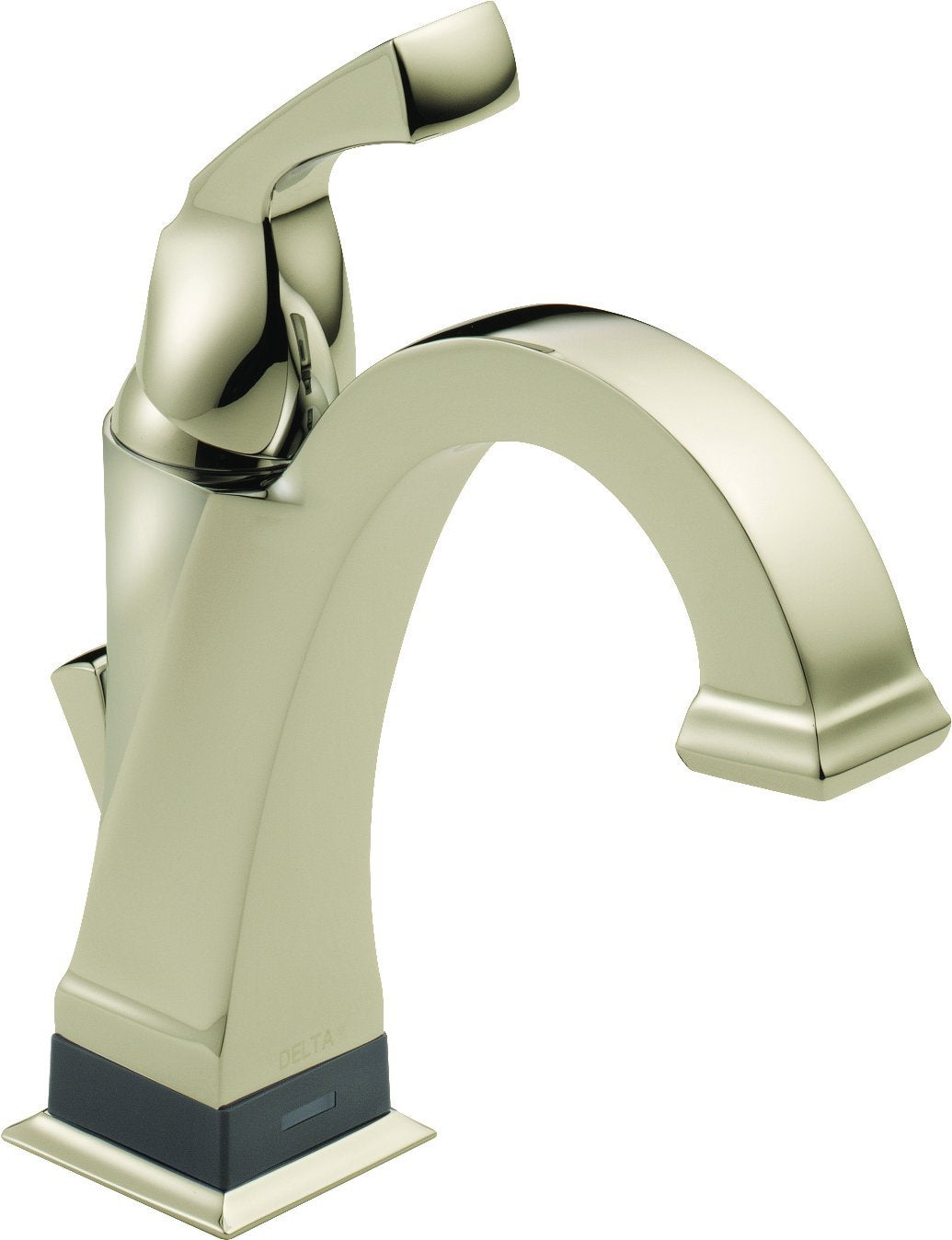 Chrome bathroom faucet with curved spout, single handle, and square base with sensor strip at bottom.