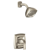 Polished nickel shower trim kit with single handle lever control and square showerhead with perforated face.