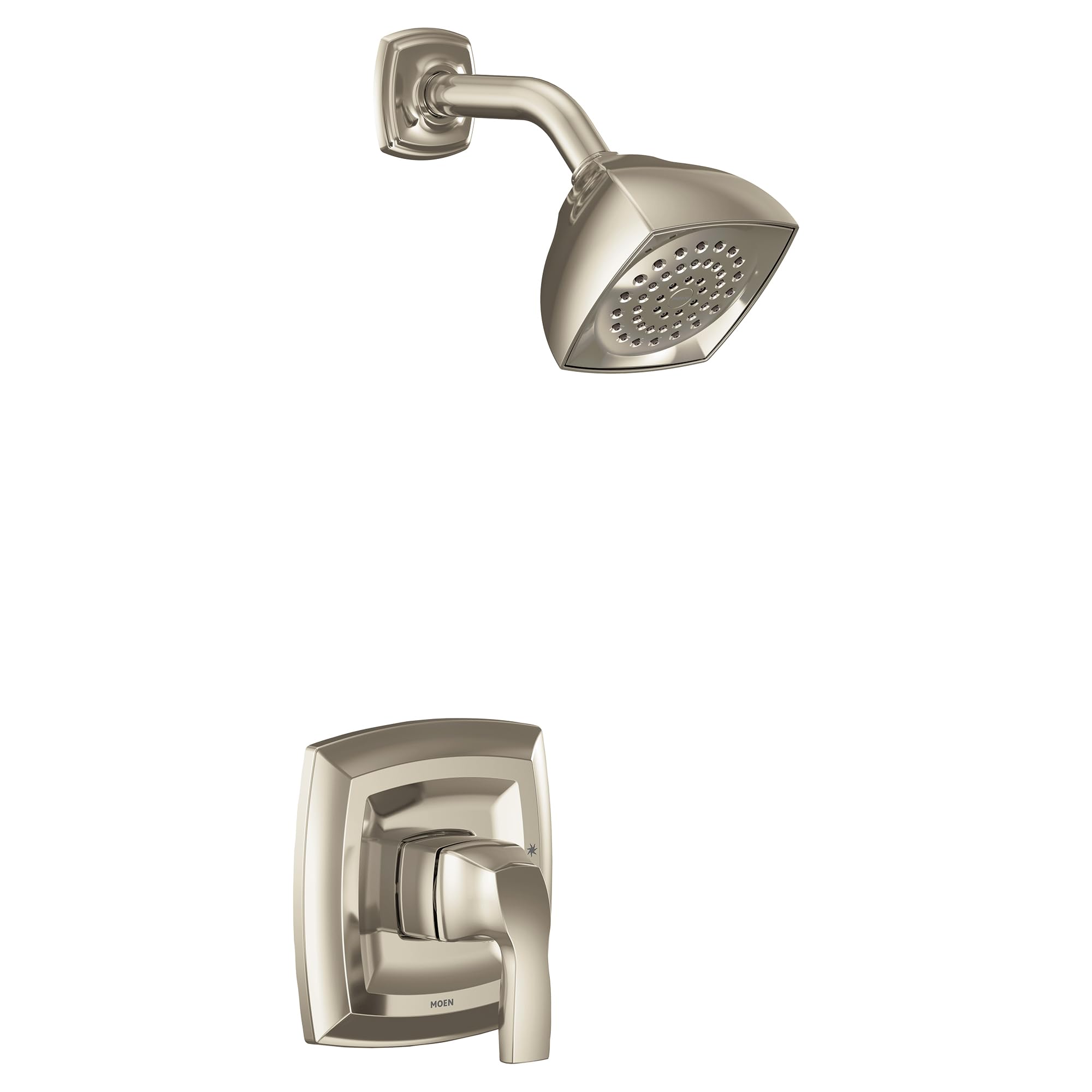Polished nickel shower trim kit with single handle lever control and square showerhead with perforated face.