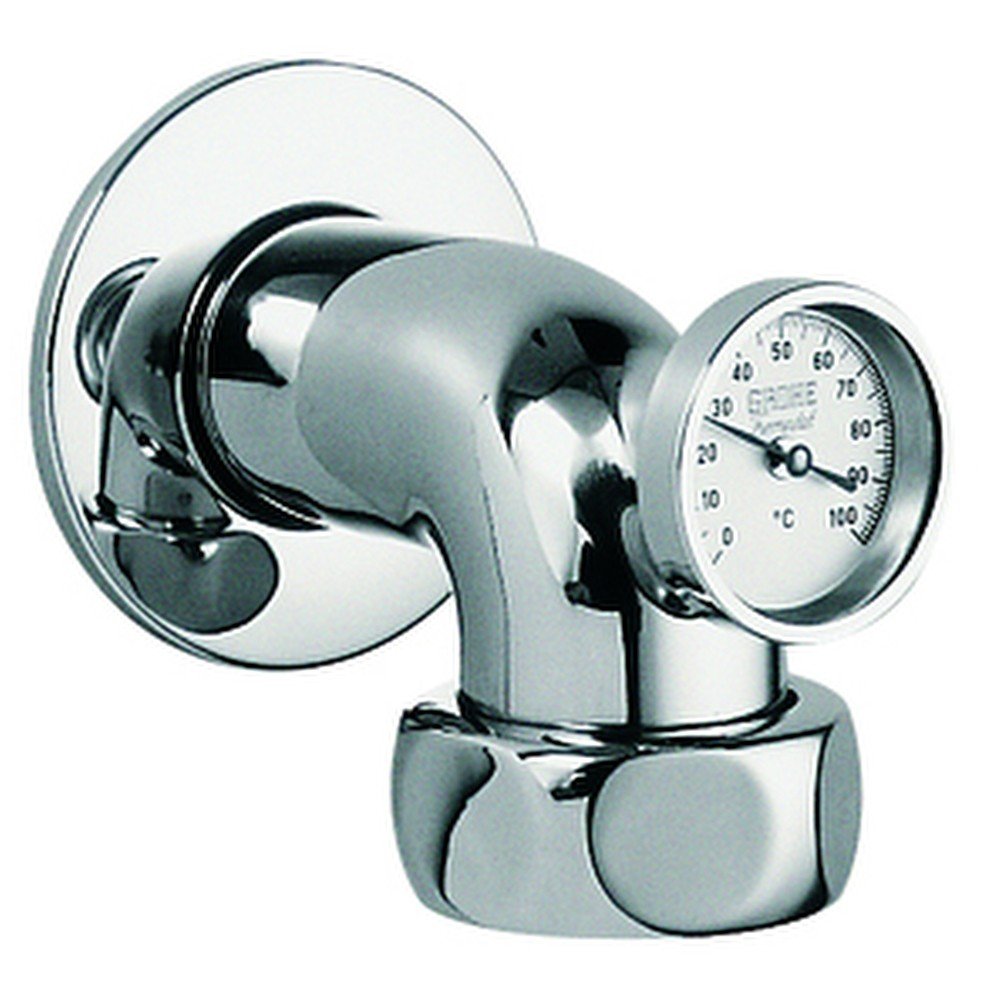 Chrome wall union with integrated thermometer and adjustment dial for temperature control.