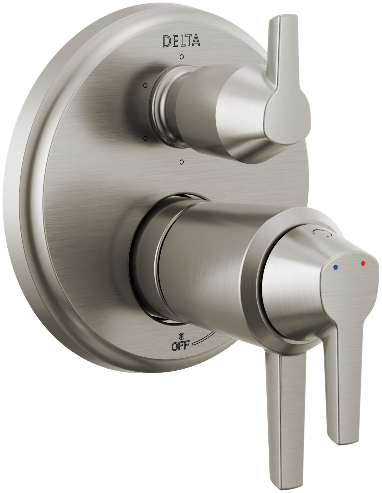 Brushed nickel Delta shower valve trim with round escutcheon, upper lever handle, and lower diverter control with temperature