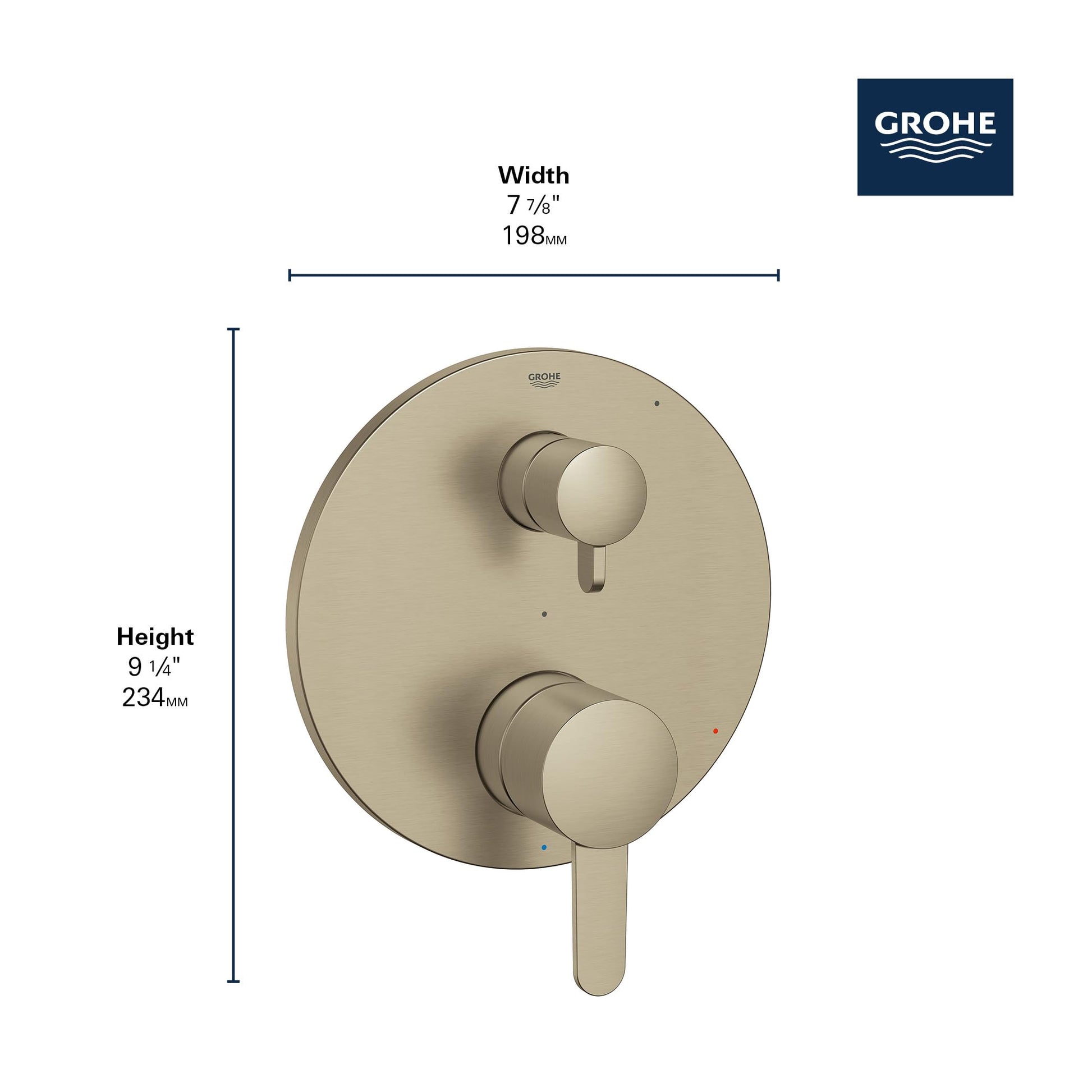 Brushed nickel circular shower valve with two round handles and integrated diverter on oval trim plate.