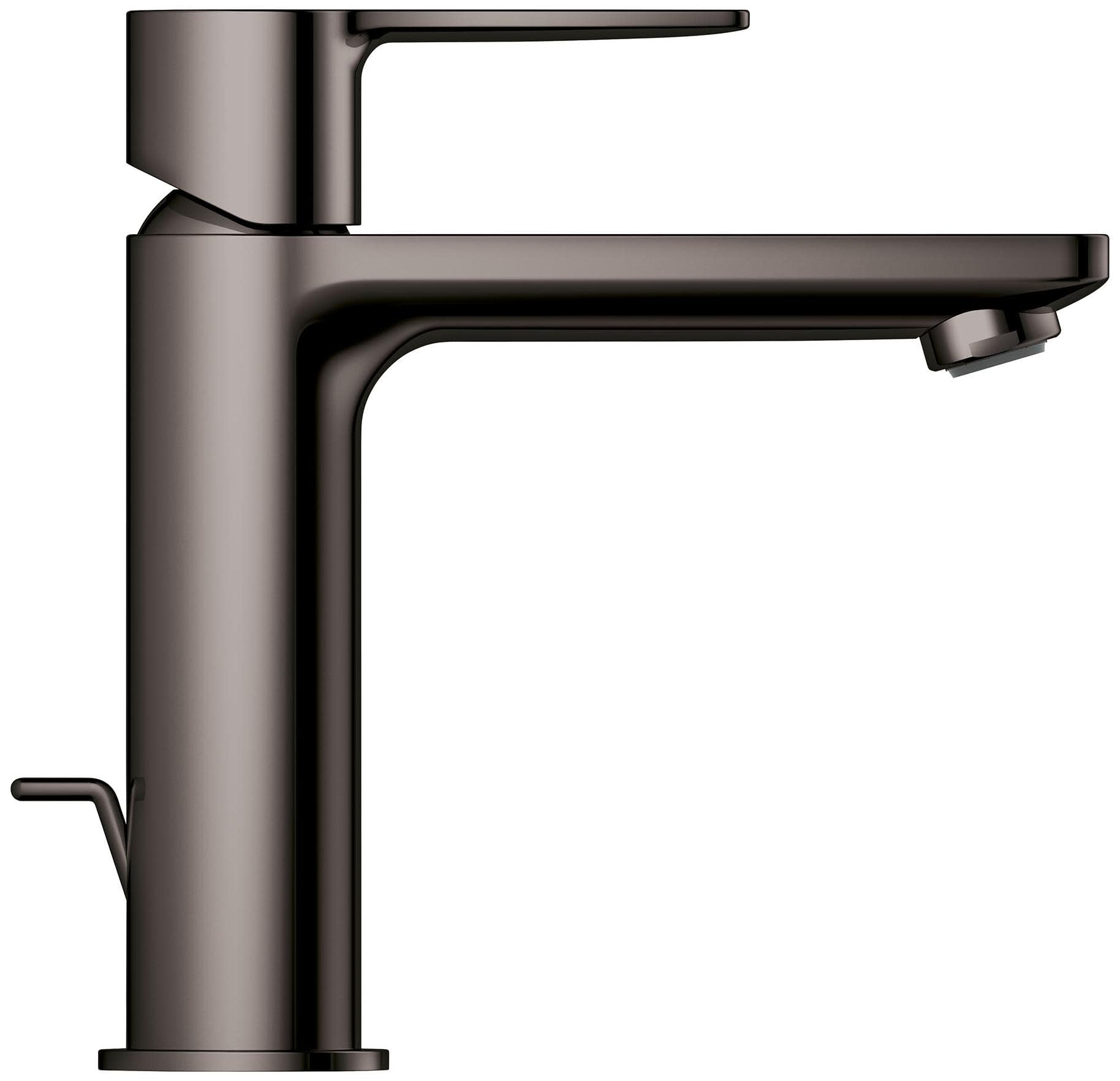 Matte black single-handle bathroom faucet with cylindrical body, curved spout, and lever control.