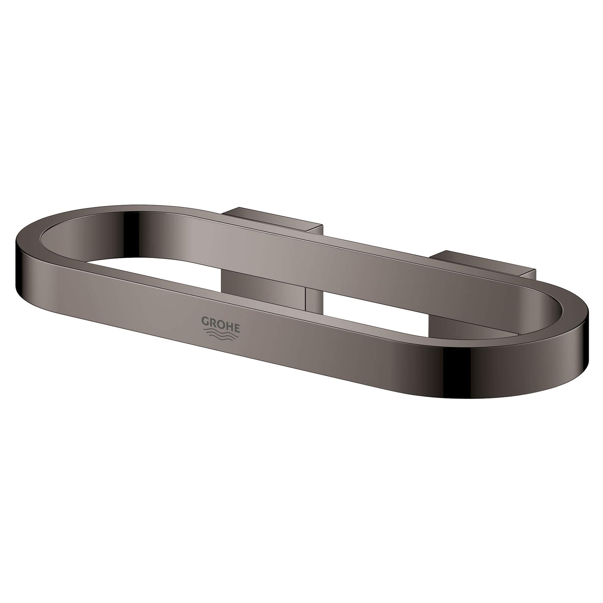 Dark gray metal towel ring with oval shape and wall-mounted brackets on each end.