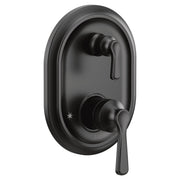Matte black shower trim with two lever handles and oval escutcheon plate mounted on wall.