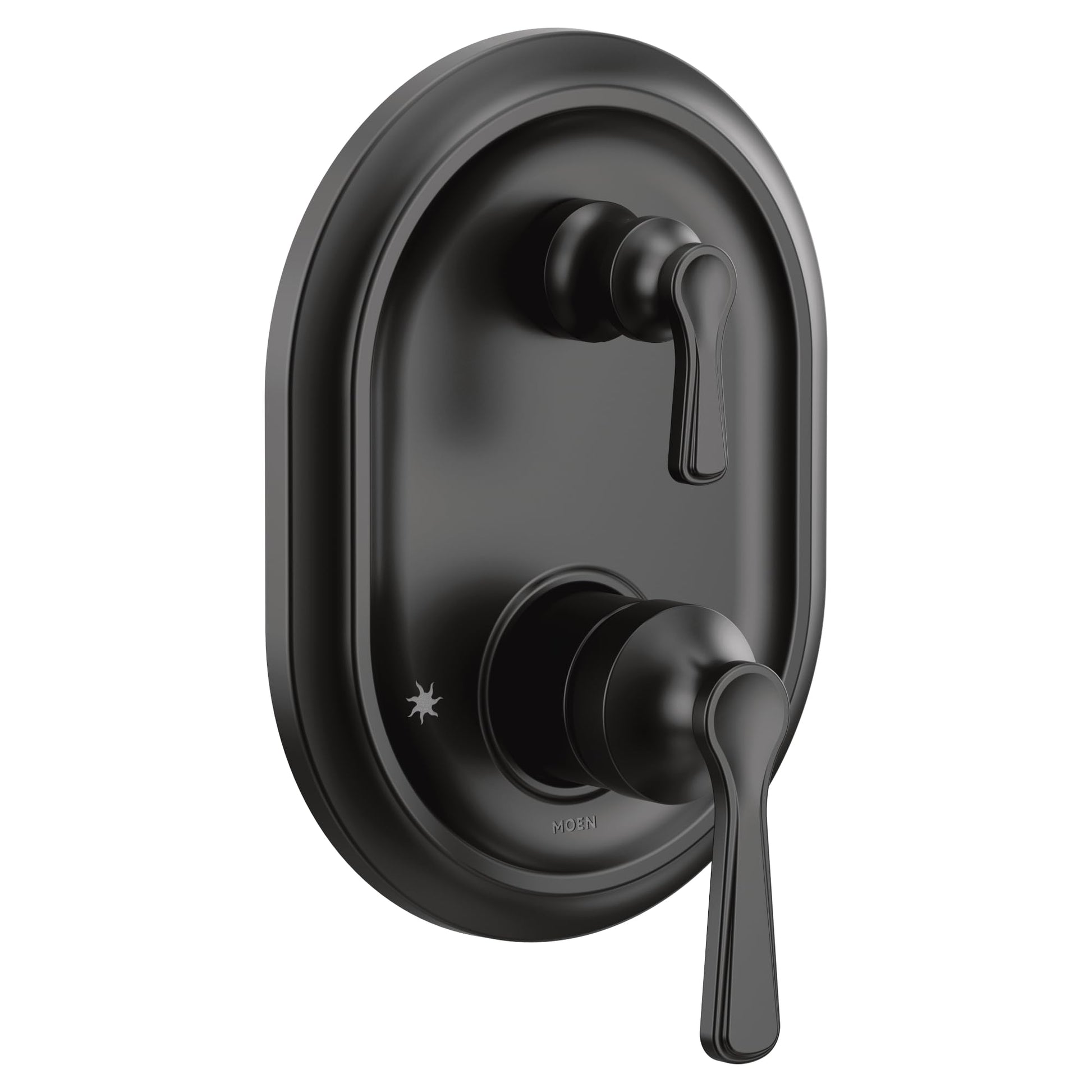 Matte black shower trim with two lever handles and oval escutcheon plate mounted on wall.