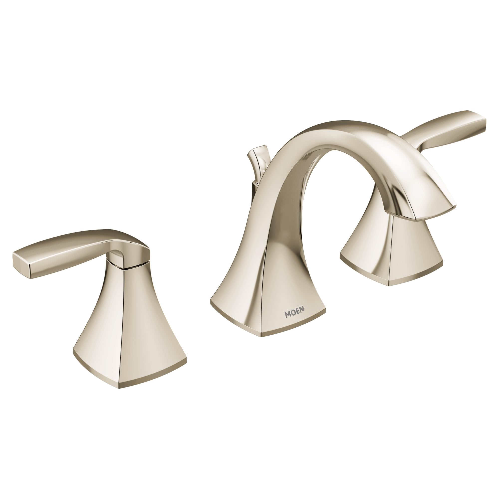 Polished nickel two-handle widespread bathroom faucet with arched spout and tapered base handles.