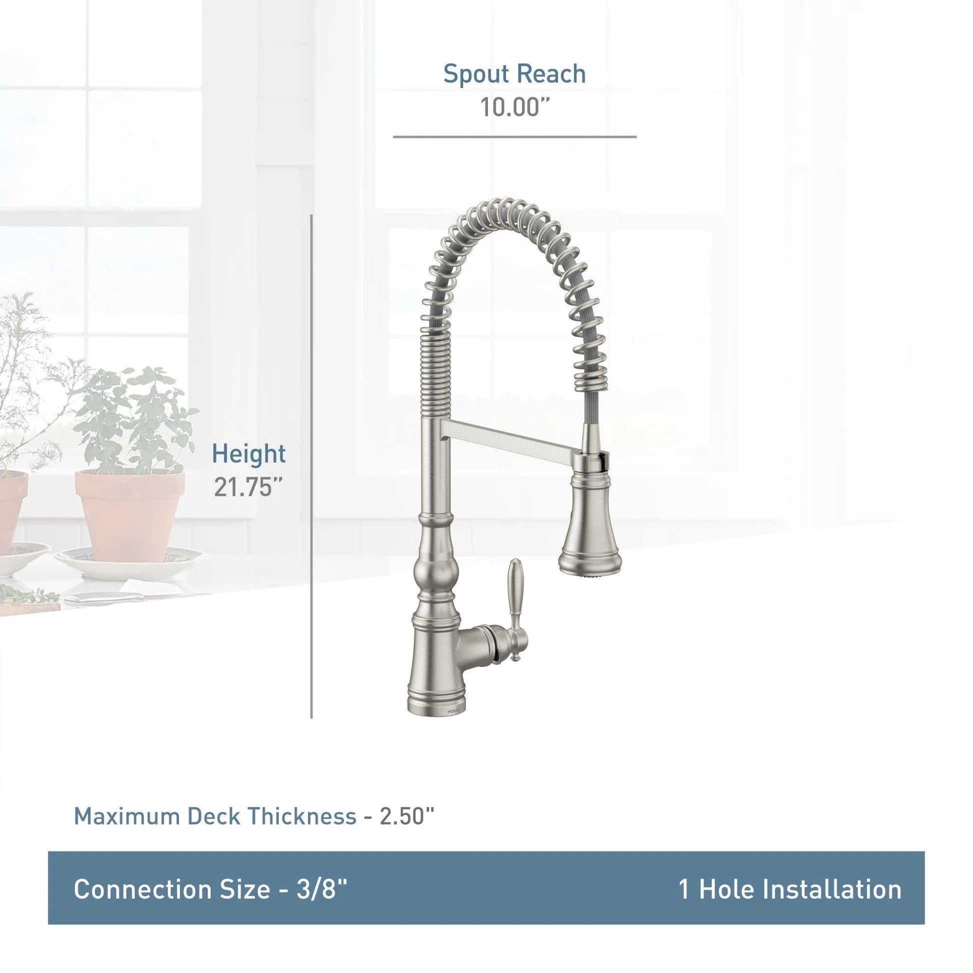 Brushed gold one-handle pulldown kitchen faucet with coiled spring spout and lever control, 21.75" height.