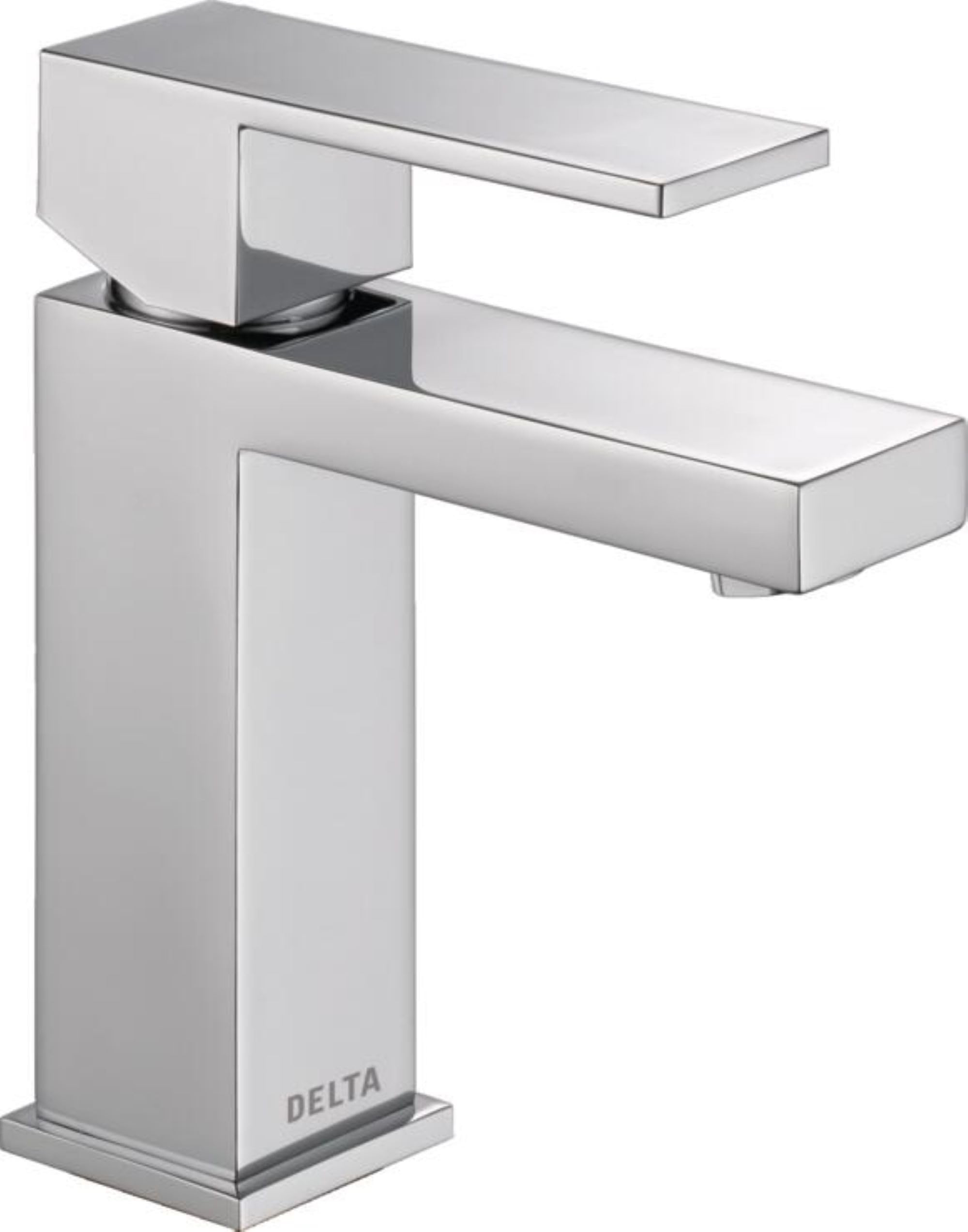 Chrome single-handle bathroom faucet with rectangular spout and matching rectangular body in modern design.