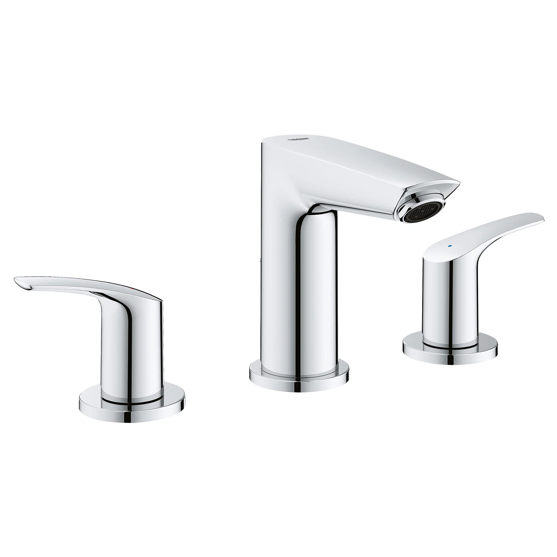 Chrome widespread bathroom faucet with tall center spout and two lever handles on either side.
