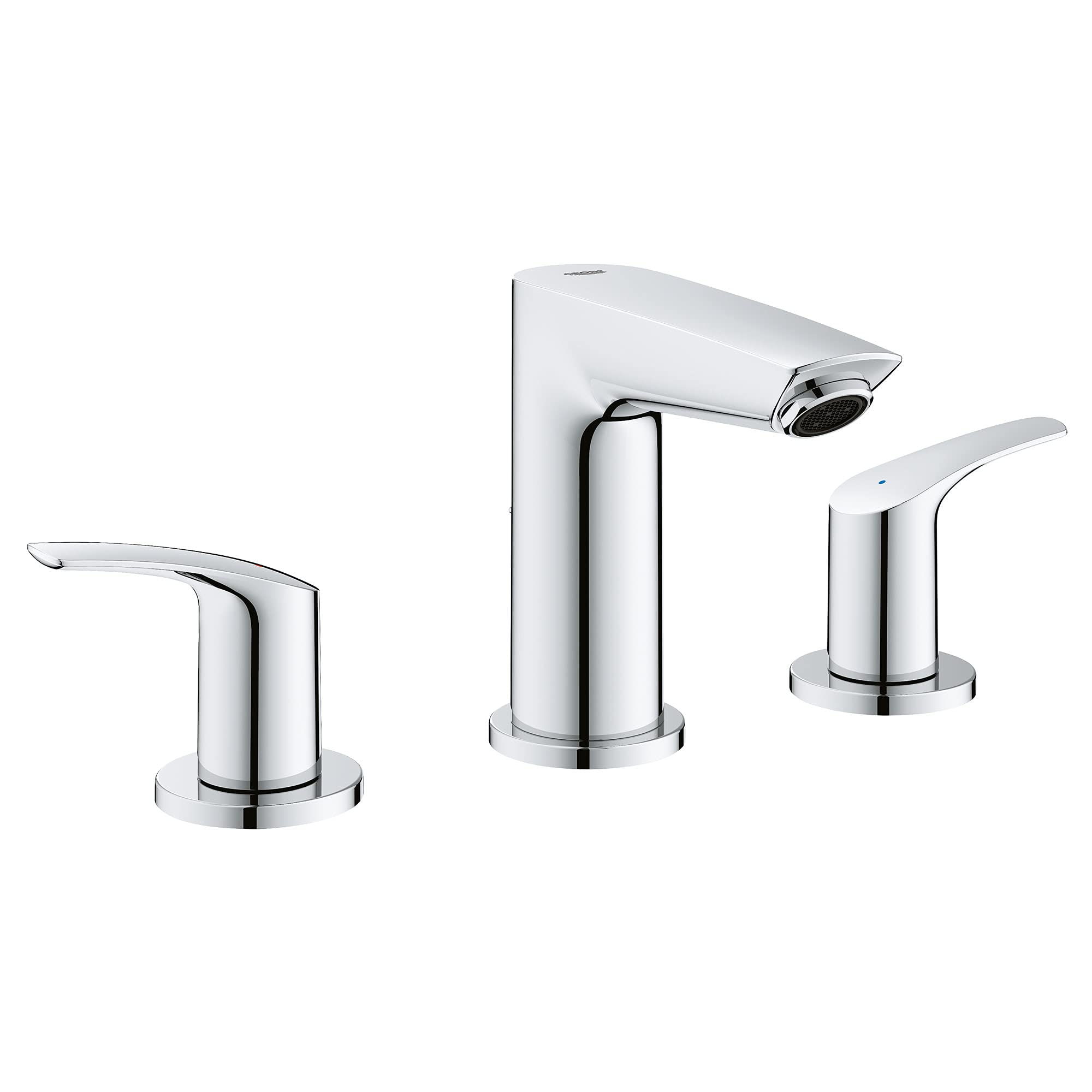 Chrome widespread bathroom faucet with tall center spout and two lever handles on either side.