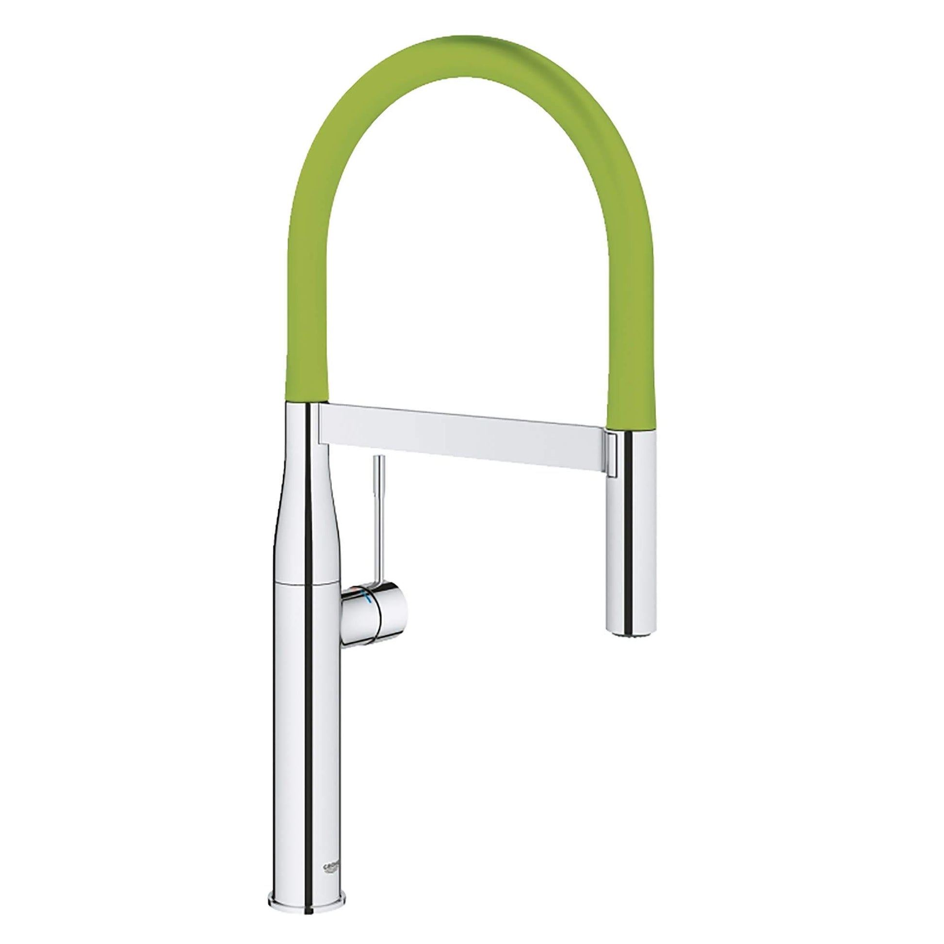Chrome kitchen faucet with green flexible hose spout and single handle control.