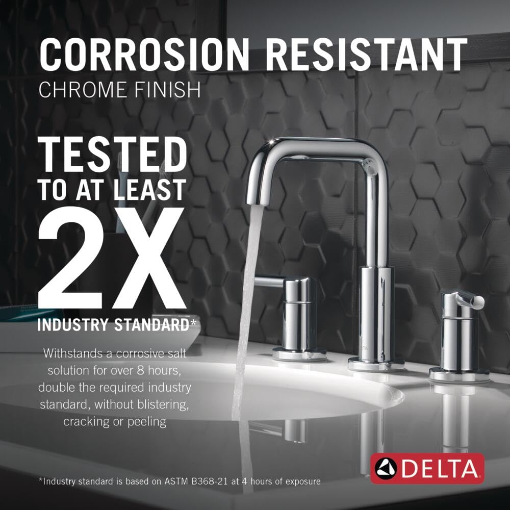 Chrome two-handle widespread bathroom faucet with tall curved spout and matching handles on white sink.