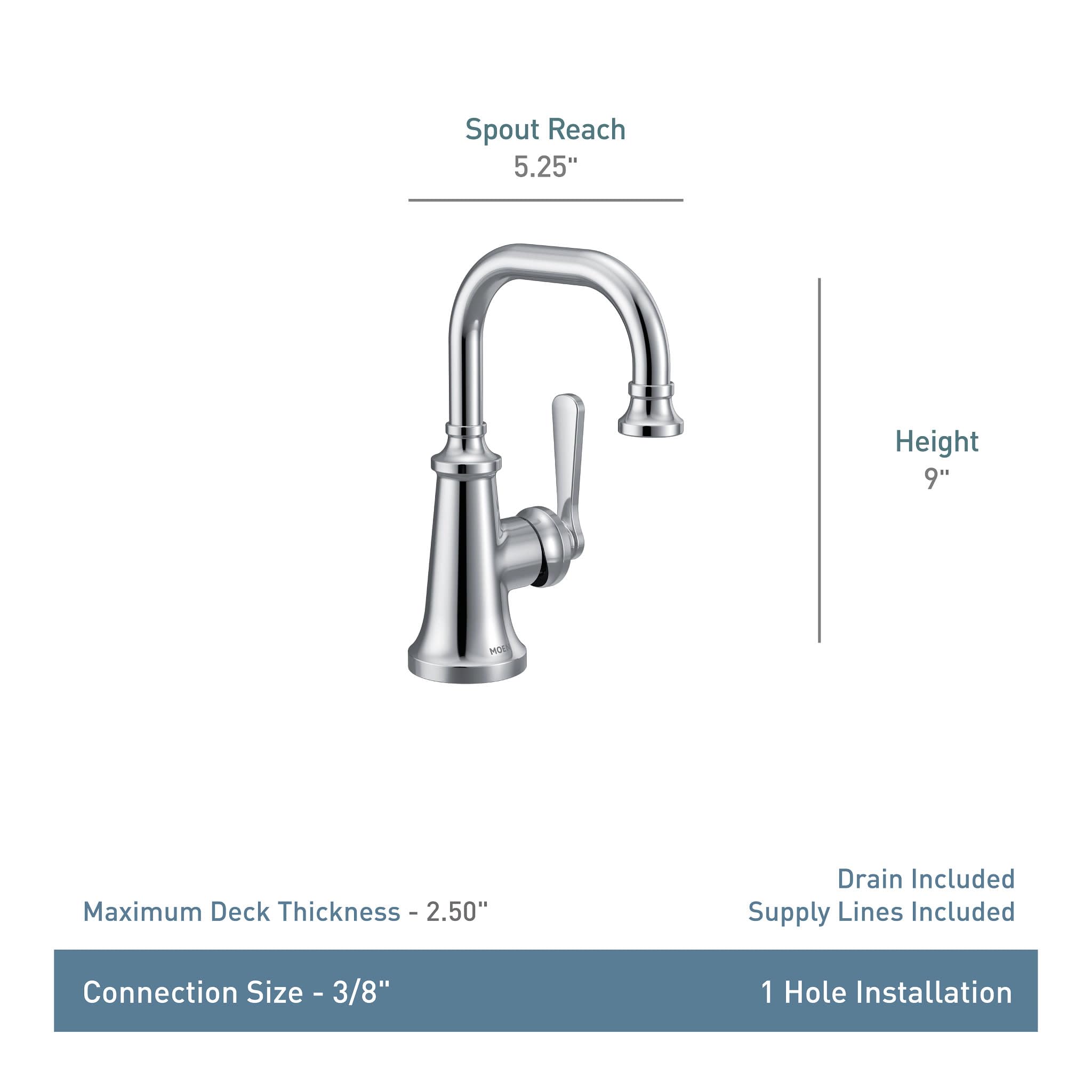 Brushed nickel single-handle bathroom sink faucet with curved spout, lever handle, and 9" height.