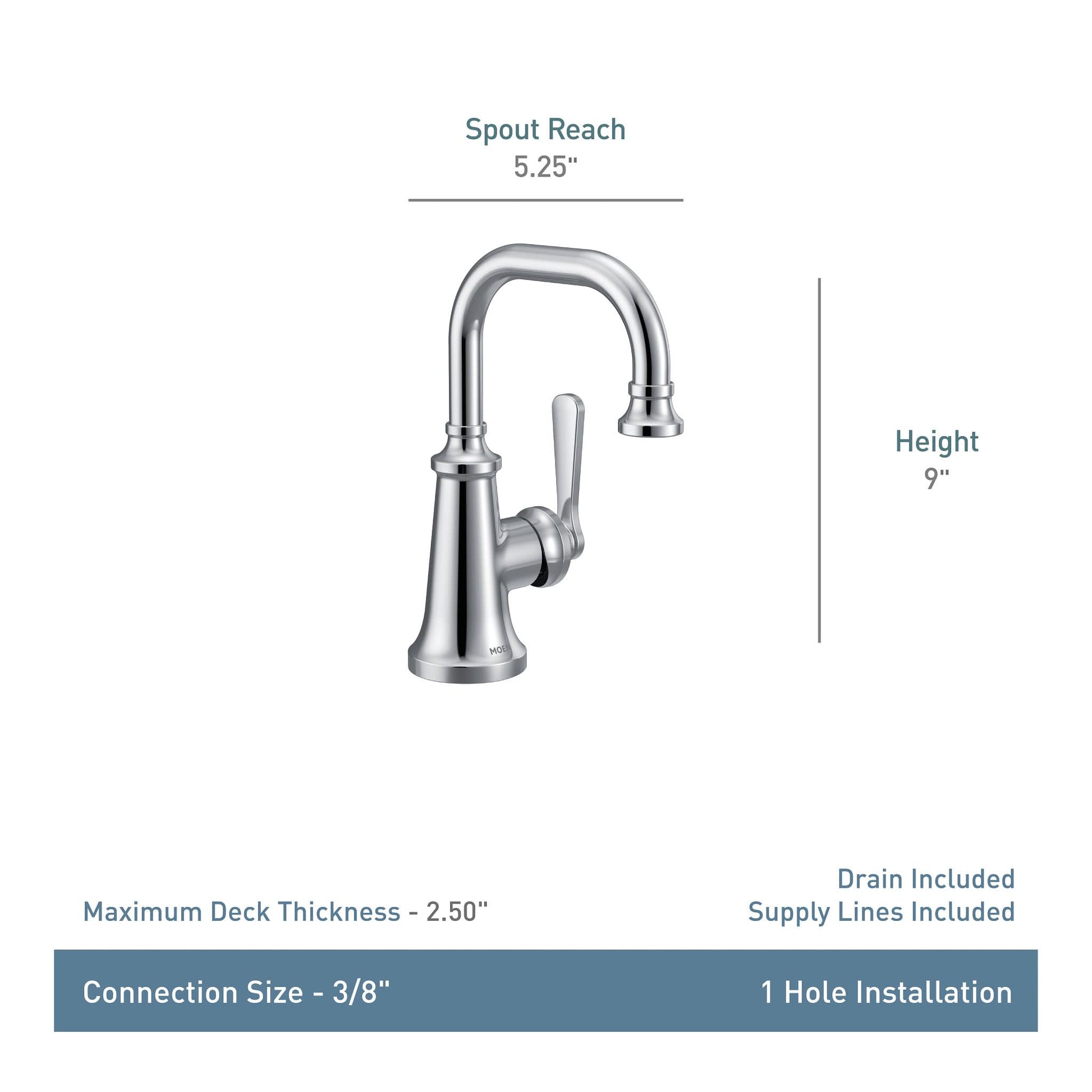 Chrome single-handle bathroom faucet with curved spout, lever handle, and tapered base on white background.