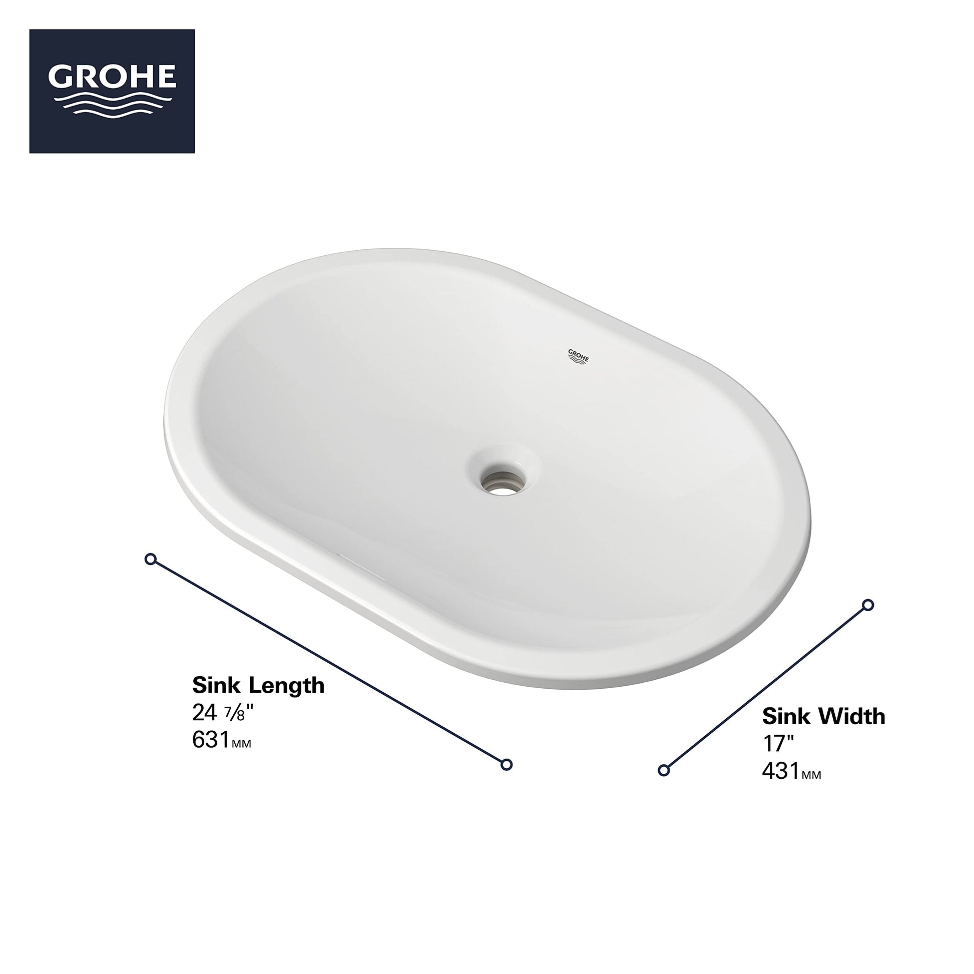 White oval under-counter bathroom sink with single faucet hole, 24.6" length by 17" width.