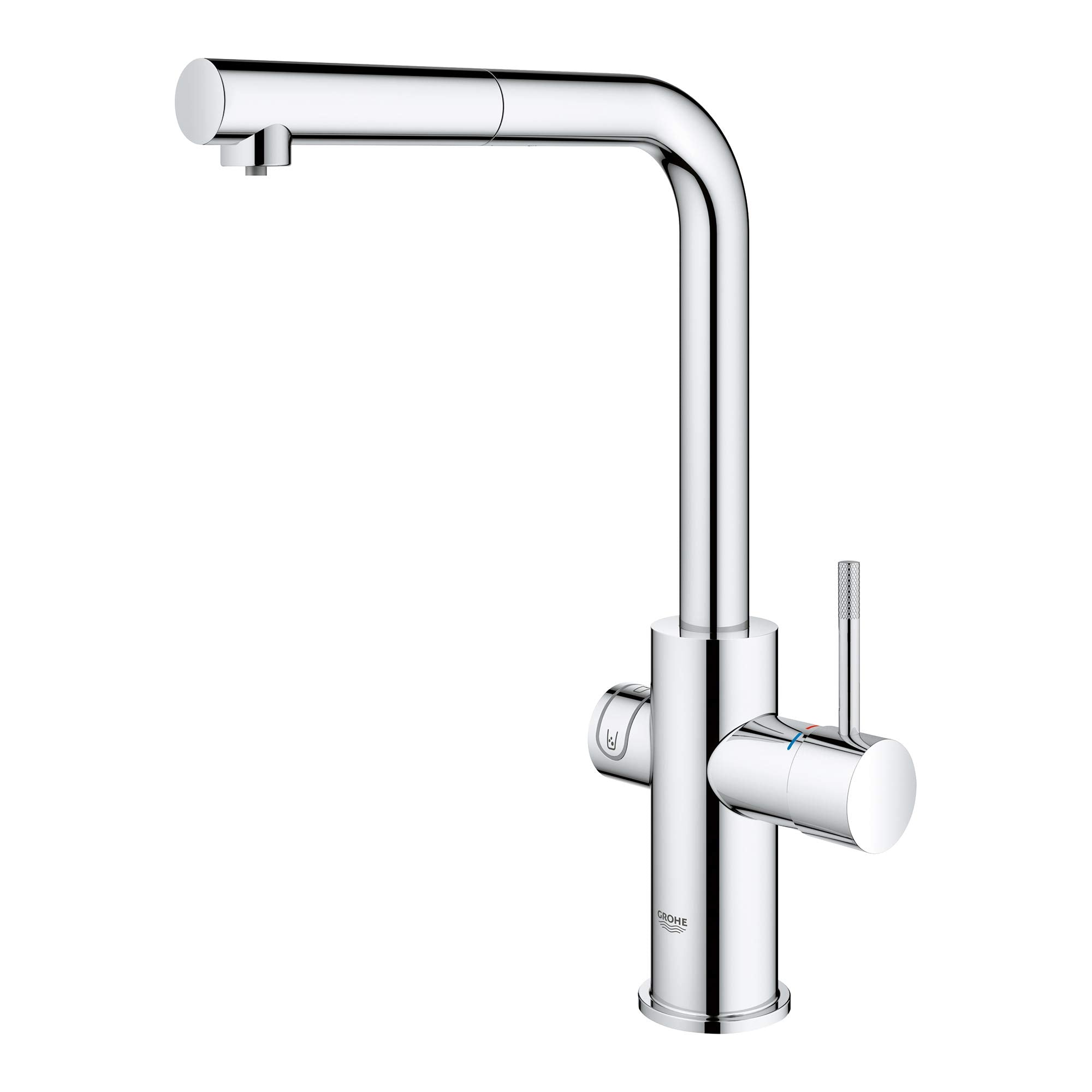 Chrome single-handle pull-out kitchen faucet with high arc spout and side lever control.