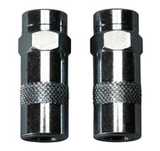 Two black metal high pressure grease couplers with hexagonal grip bands and threaded connectors.