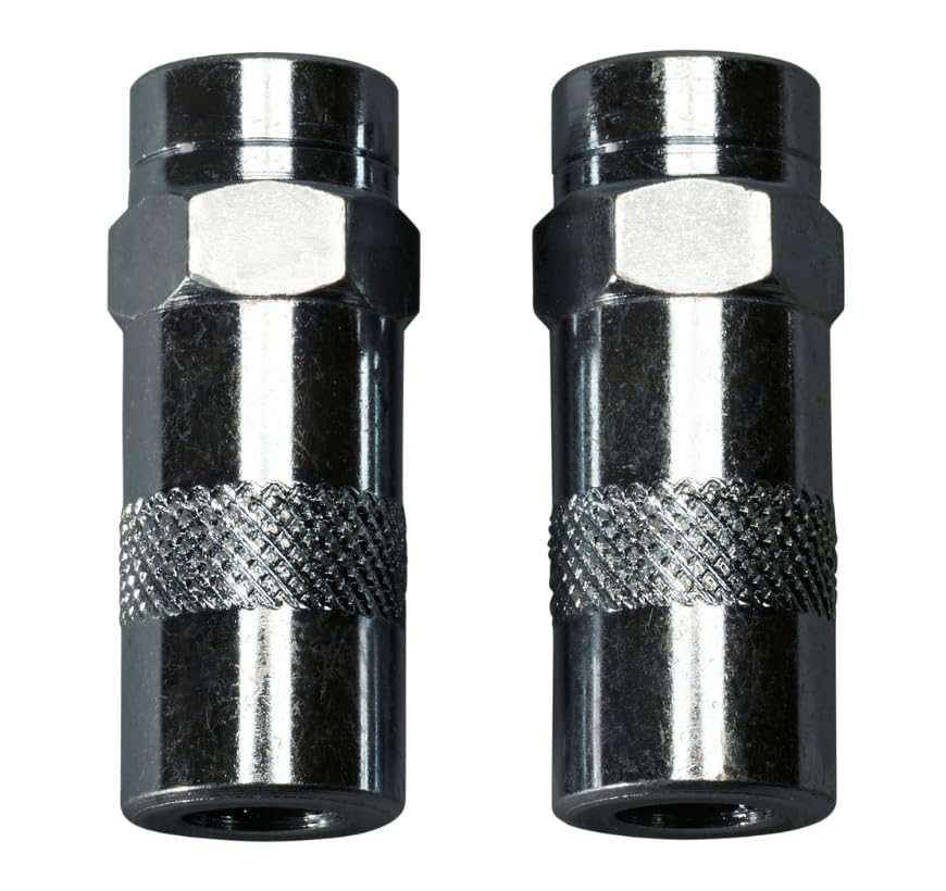 Two black metal high pressure grease couplers with hexagonal grip bands and threaded connectors.