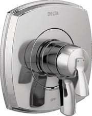 Delta Stryke Series shower valve in Lumicoat Chrome finish with lever handle and trim plate.