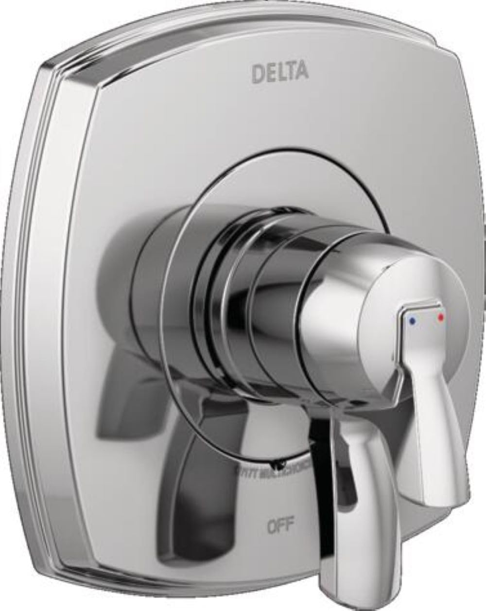 Delta Stryke Series shower valve in Lumicoat Chrome finish with lever handle and trim plate.