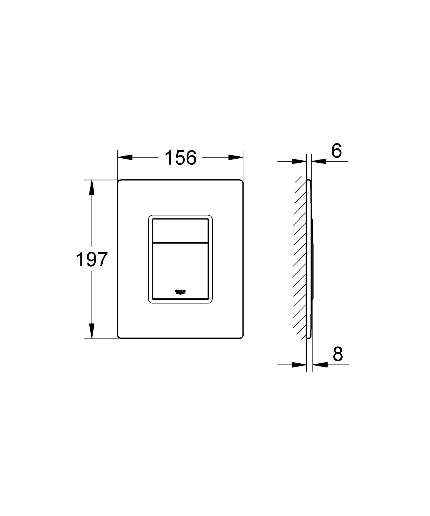 Rectangular frosted white wall plate with centered rectangular outlet opening and dimension markings showing 156mm width and 