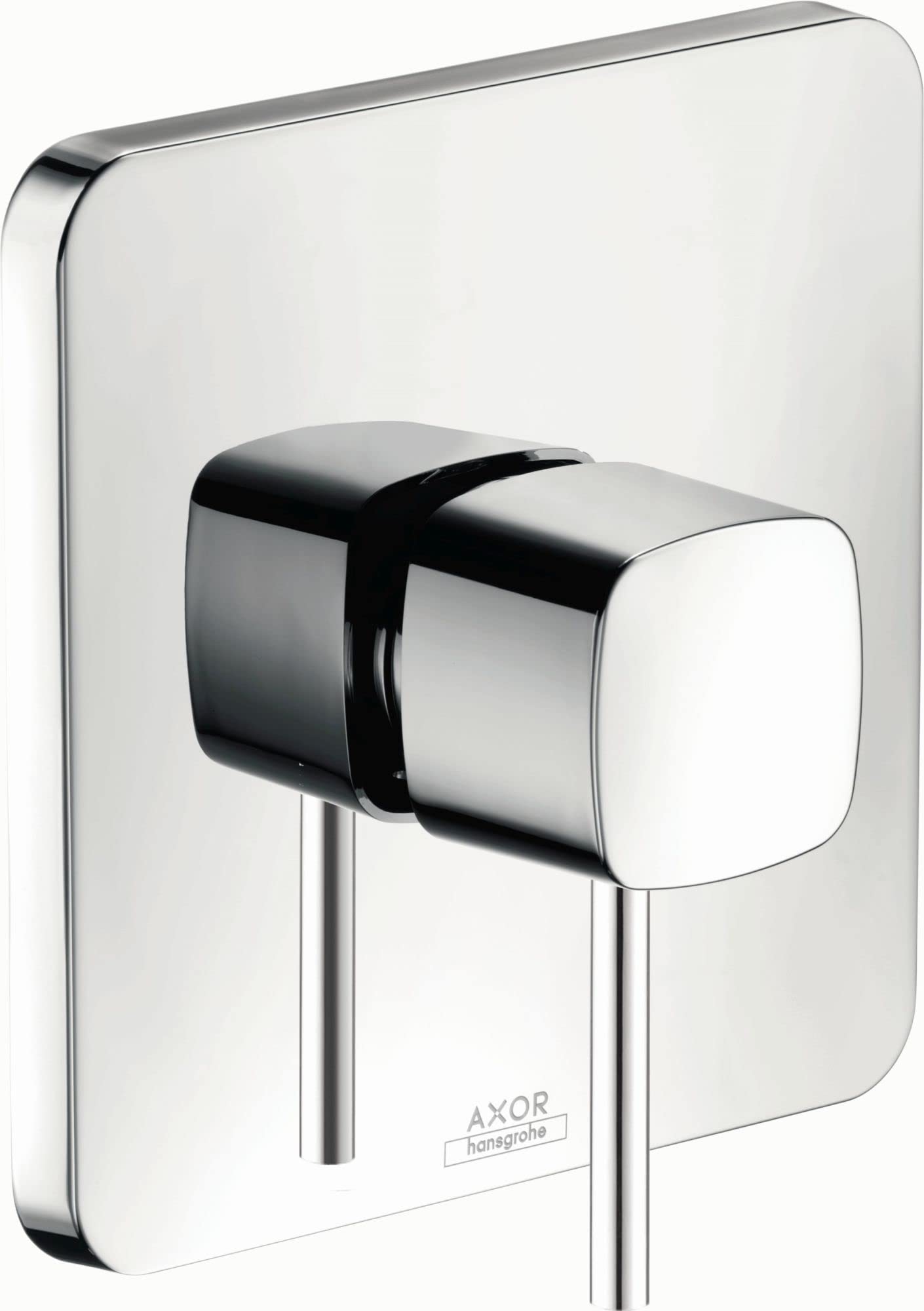 Chrome pressure balance shower trim with square backplate and single lever handle with rounded edges.