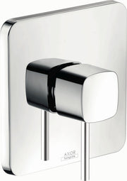 Chrome pressure balance shower trim with square backplate and single lever handle with rounded edges.