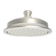 Satin nickel round shower head with multiple spray holes and ceiling-mounted connector arm.
