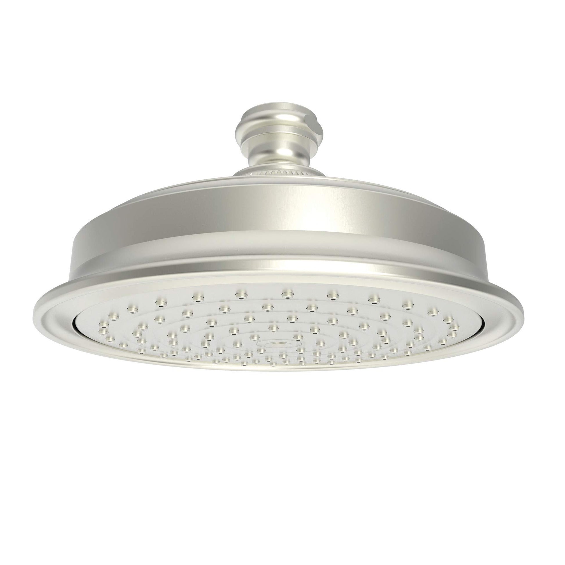 Satin nickel round shower head with multiple spray holes and ceiling-mounted connector arm.