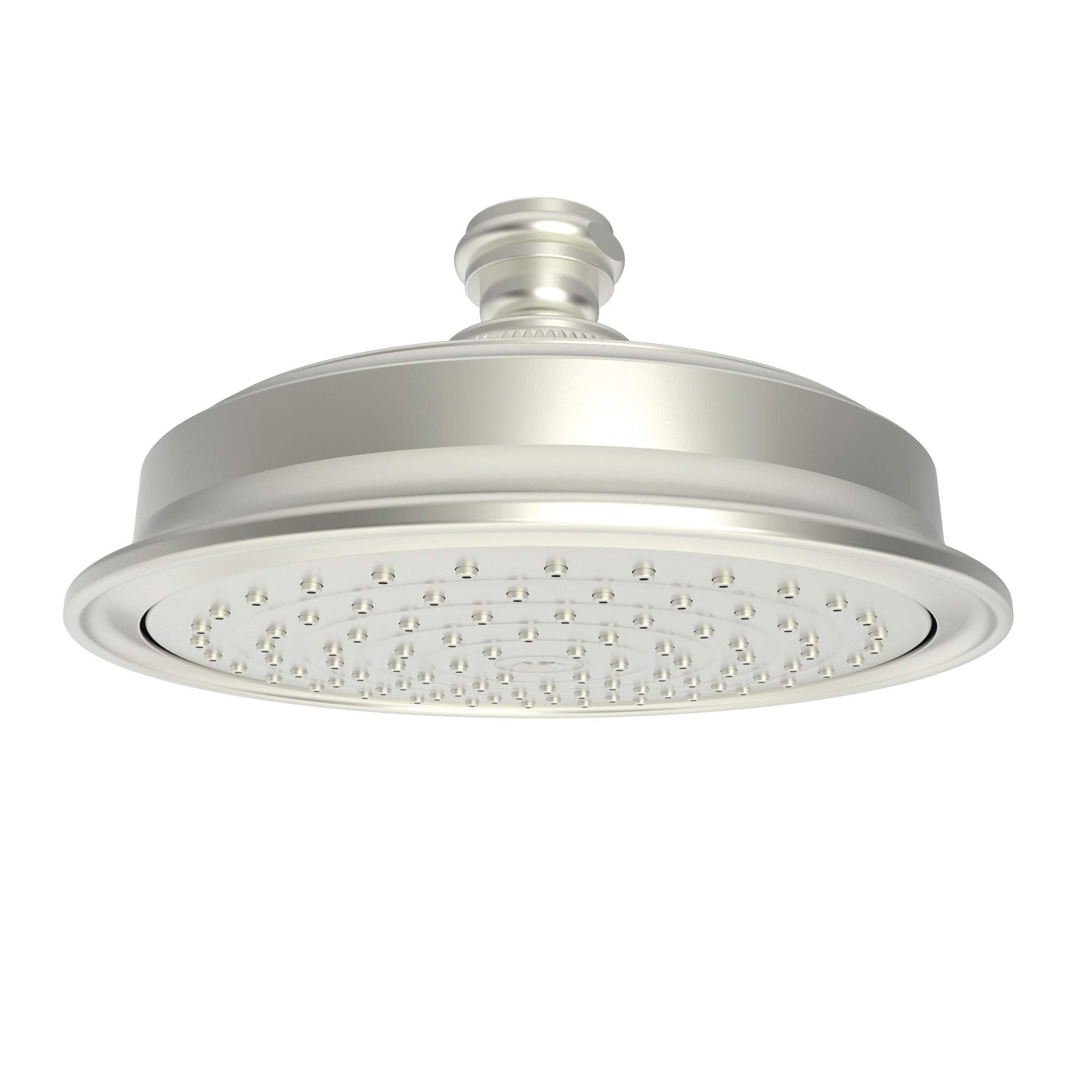 Satin nickel round shower head with multiple spray holes and ceiling-mounted connector arm.