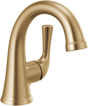 Champagne bronze single-handle bathroom faucet with curved spout and cylindrical handle.