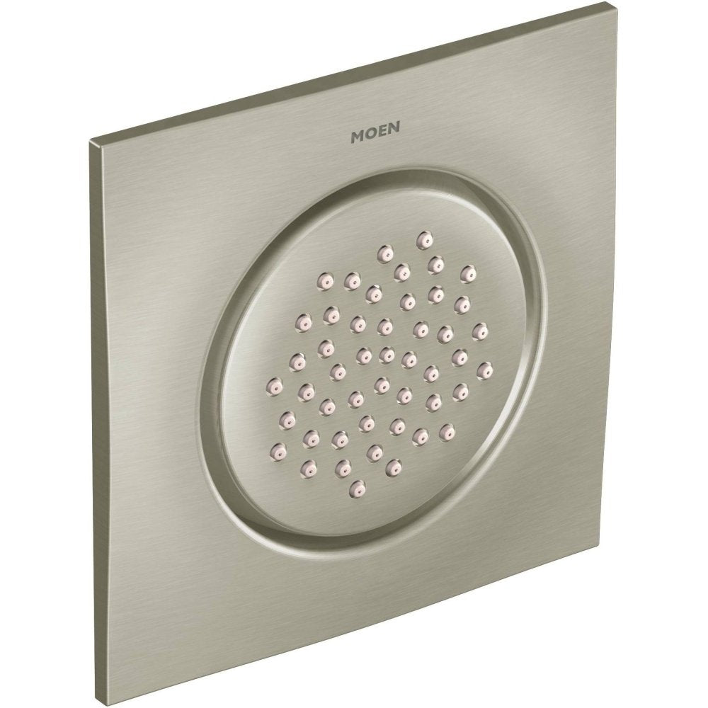 Square brushed nickel shower head with circular spray face and multiple jet openings, Moen brand marking visible.