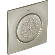 Square brushed nickel shower head with circular spray face and multiple jet openings, Moen brand marking visible.