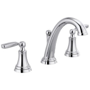 Chrome widespread bathroom faucet with two lever handles, arched spout, and bell-shaped base.
