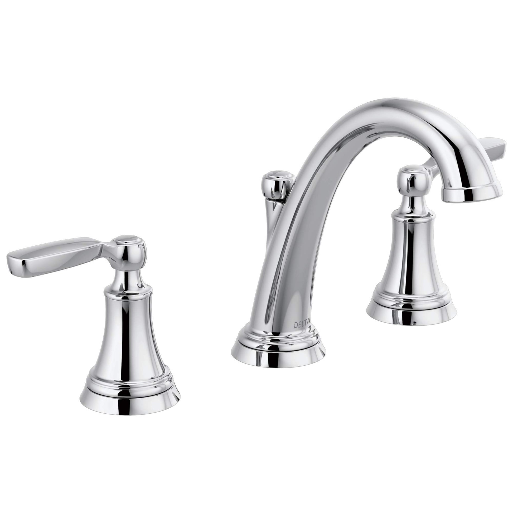 Chrome widespread bathroom faucet with two lever handles, arched spout, and bell-shaped base.