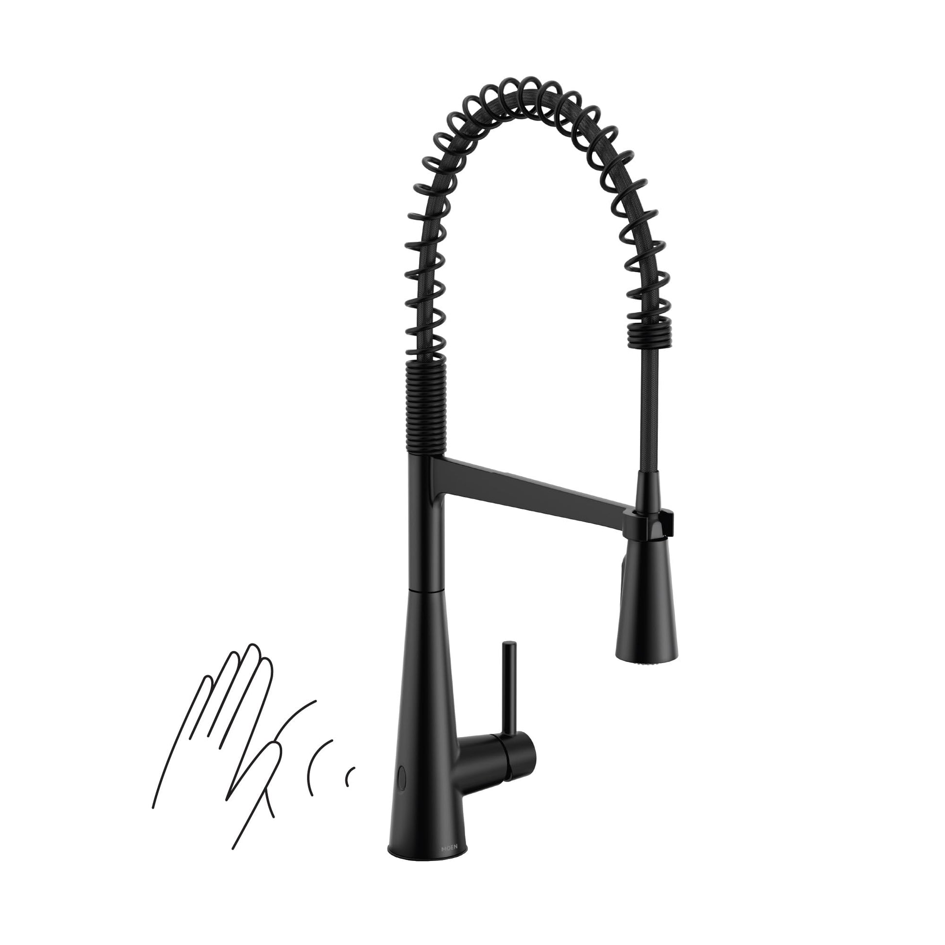 Matte black kitchen faucet with high arc pulldown sprayer and wave motion sensor activation shown with hand gesture.