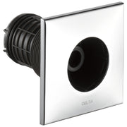 Square chrome trim plate with black round spray head and ribbed cylindrical valve body on white background.