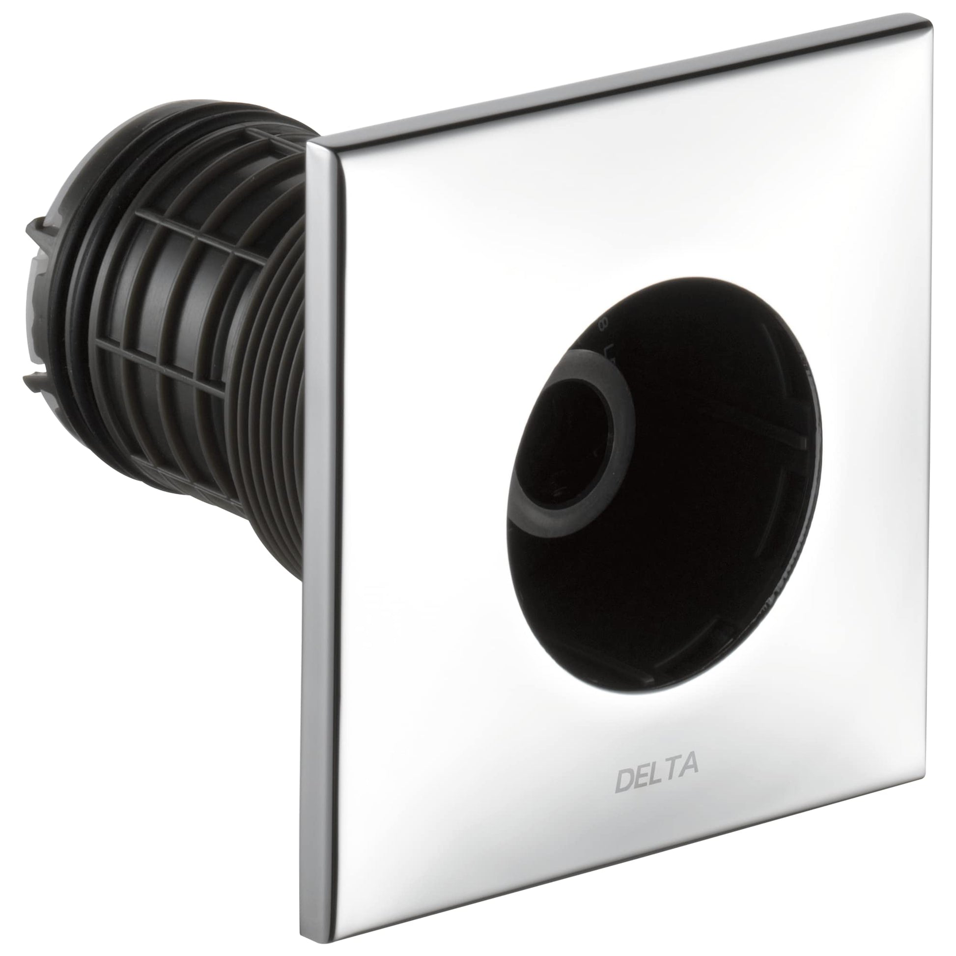 Square chrome trim plate with black round spray head and ribbed cylindrical valve body on white background.