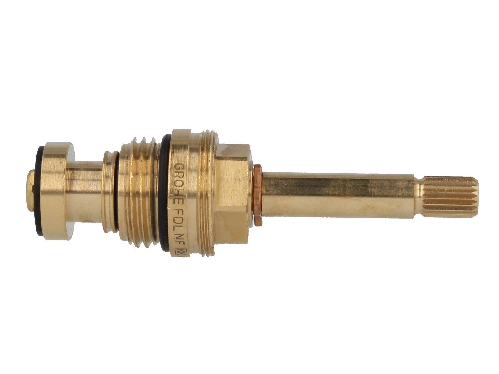 Brass cartridge assembly with threaded components and grooved stem, labeled "GROHE FONE."