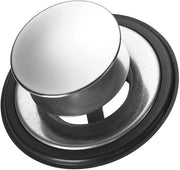 Stainless steel sink stopper with polished dome top and black rubber base ring.