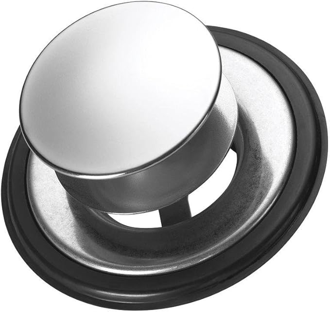 Stainless steel sink stopper with polished dome top and black rubber base ring.