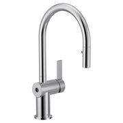Chrome pulldown kitchen faucet with curved spout, single handle, and motion sensor activation.